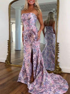 Pink Floral Brocade Metallic Accents Strapless Prom Dress with Waist Bow