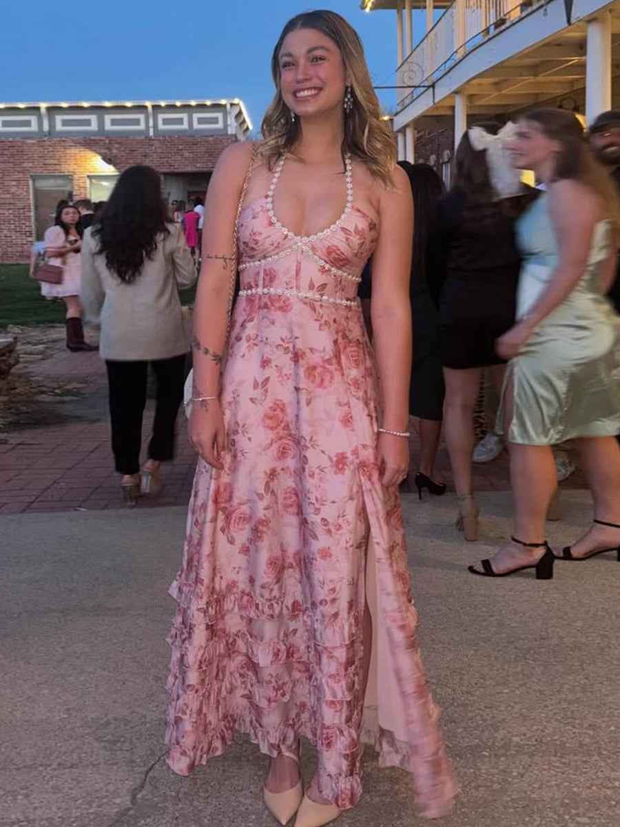 Pink Floral Halter Corset Ruffled Long Prom Dress with High Slit