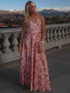 Pink Floral Halter Corset Ruffled Long Prom Dress with High Slit