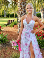 Pink Floral Halter Corset Ruffled Long Prom Dress with Slit