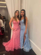 Pink Floral Lace Corset Bodice Mermaid Prom Dress with Plunging V-Neck