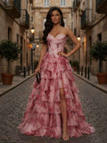Pink Floral Strapless Chiffon Ruffle Corset Prom Dress with Slit