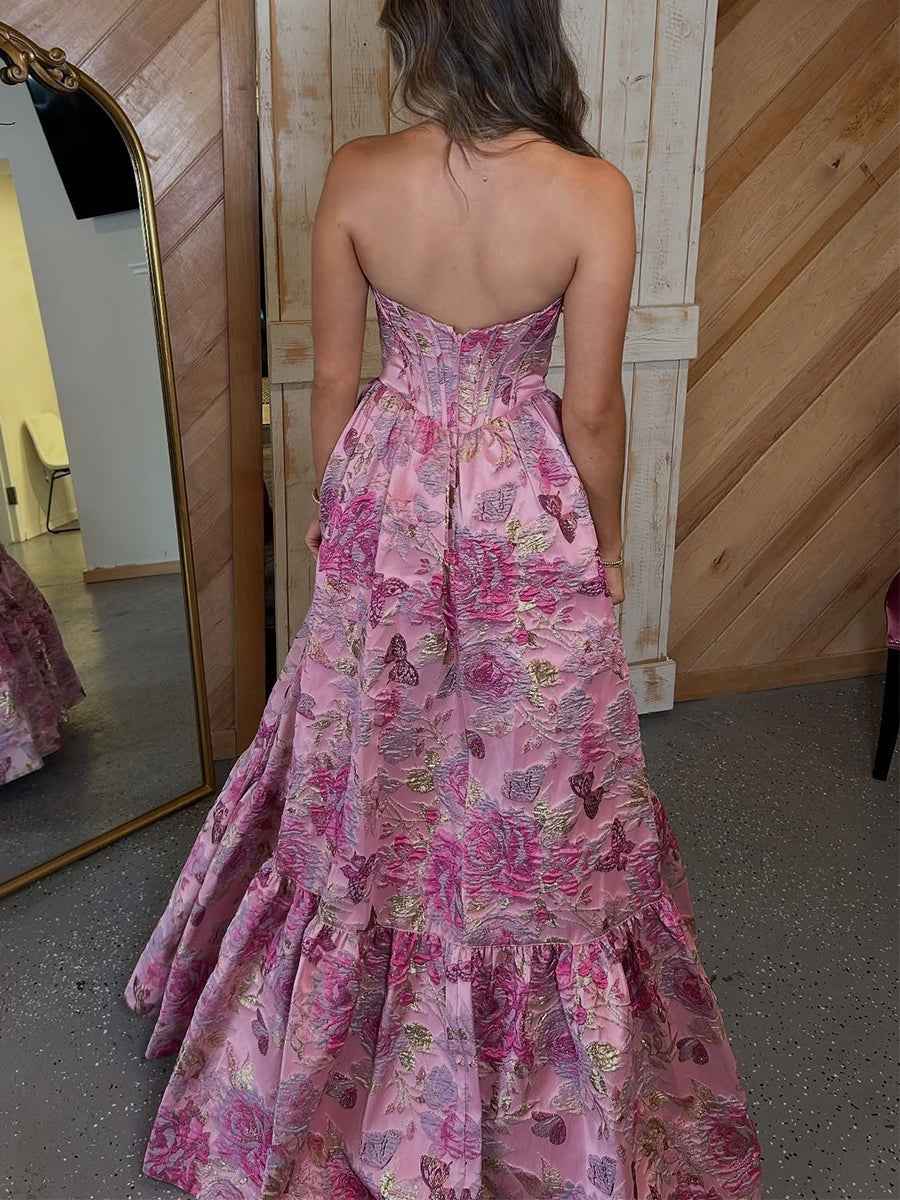 Pink Floral Strapless Jacquard Corset A-Line Prom Dress