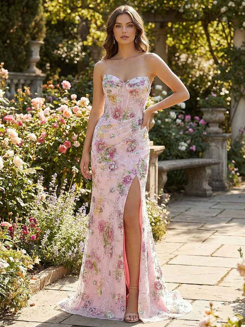 Pink Floral Strapless Sequin Corset Prom Dress with Slit BMBRIDE