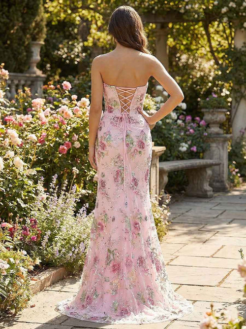 Pink Floral Strapless Sequin Corset Prom Dress with Slit BMBRIDE