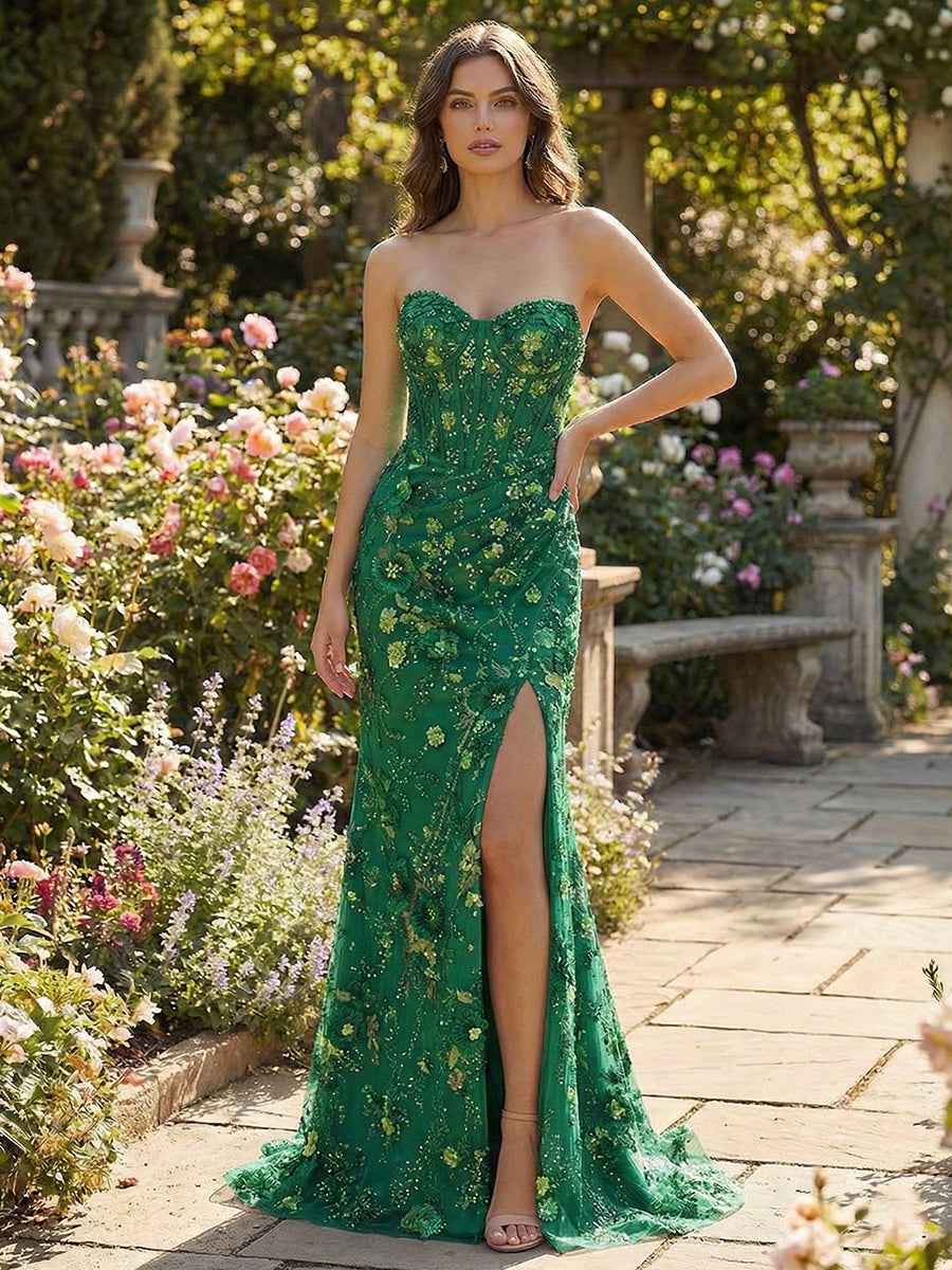 Pink Floral Strapless Sequin Corset Prom Dress with Slit