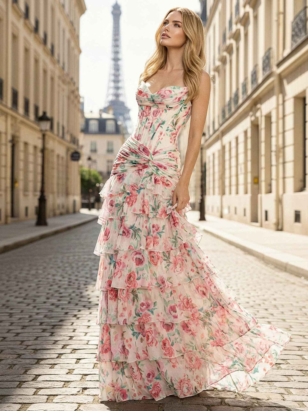 Pink Floral Strapless Sweetheart Tiered Ruffle Corset Prom Dress
