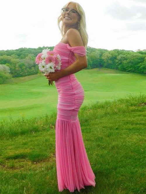 Pink Mermaid Off-Shoulder Sweetheart Pleats Long Prom Dress BMBRIDE