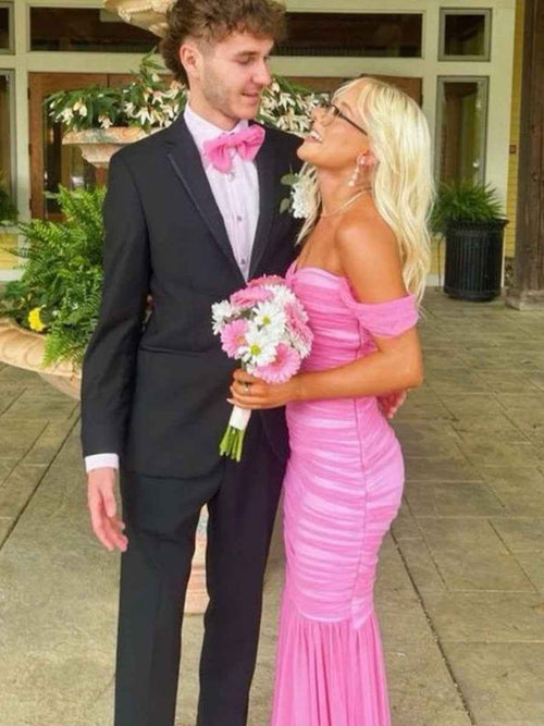 Pink Mermaid Off-Shoulder Sweetheart Pleats Long Prom Dress BMBRIDE