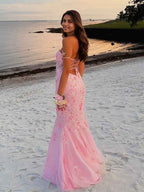 Pink Mermaid Sweetheart Beaded Flower Prom Dress