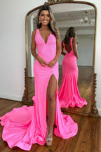 Dazzling Sparkly Pink Mermaid V-Neck Sweep Train Beaded Prom Dress with Split BM bride