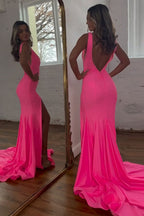 Dazzling Sparkly Pink Mermaid V-Neck Sweep Train Beaded Prom Dress with Split BM bride