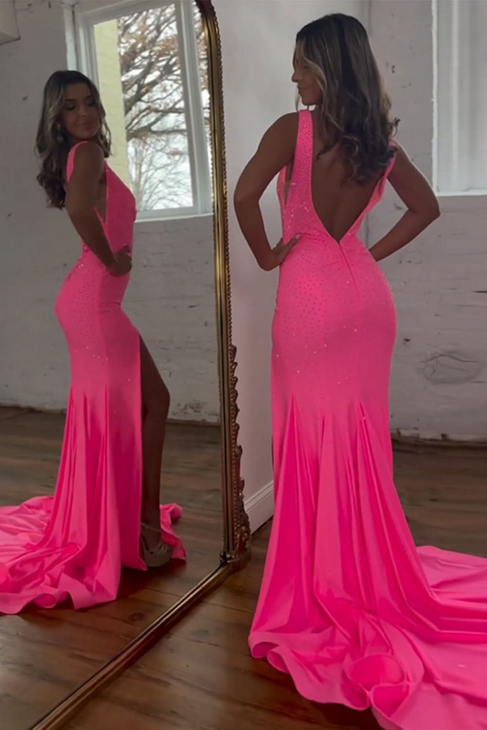 Dazzling Sparkly Pink Mermaid V-Neck Sweep Train Beaded Prom Dress with Split BM bride