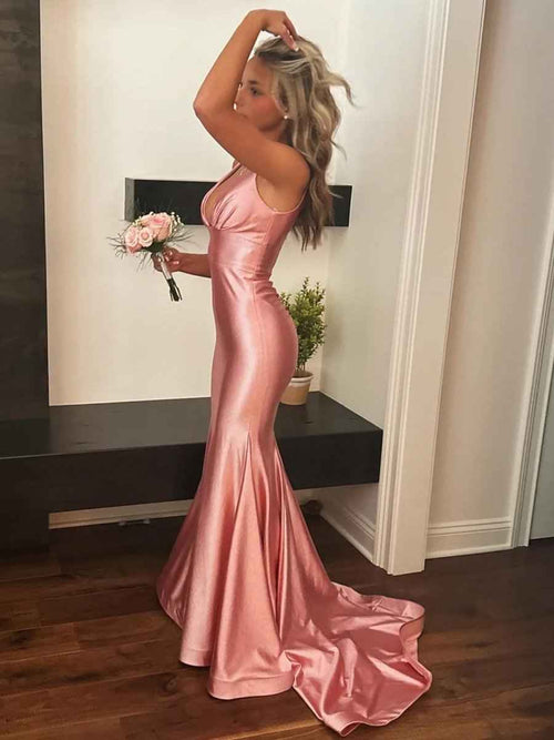 Pink Mermaid V Neck Sleeveless Long Satin Prom Dress BMBRIDE