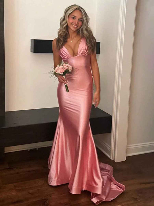 Pink Mermaid V Neck Sleeveless Long Satin Prom Dress BMBRIDE