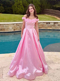 Pink Satin Off-the-Shoulder Prom Dress with 3D Floral Appliqu¡§| Neckline