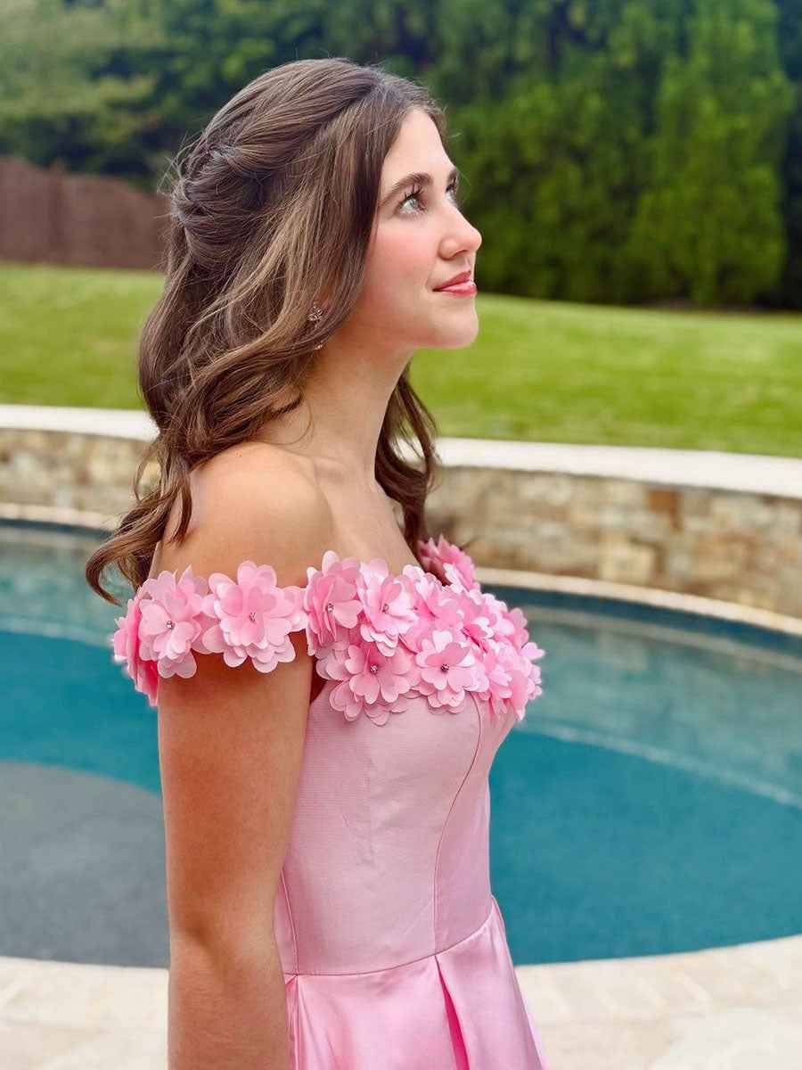 Pink Satin Off-the-Shoulder Prom Dress with 3D Floral Appliqu¡§| Neckline
