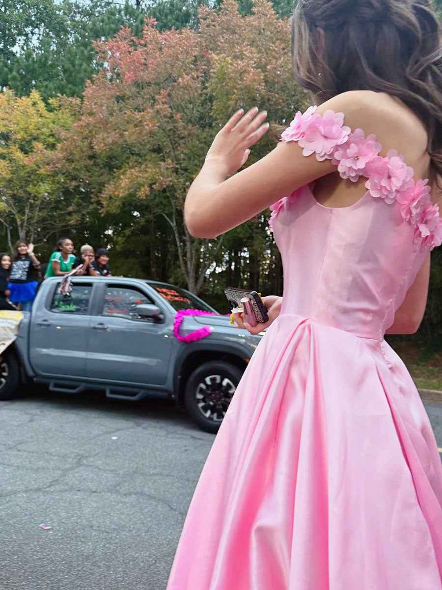 Pink Satin Off-the-Shoulder Prom Dress with 3D Floral Appliqu¡§| Neckline
