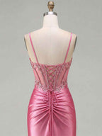 Pink Satin Spaghetti Strap Beaded Sheer Corset Prom Dress with Ruched Slit