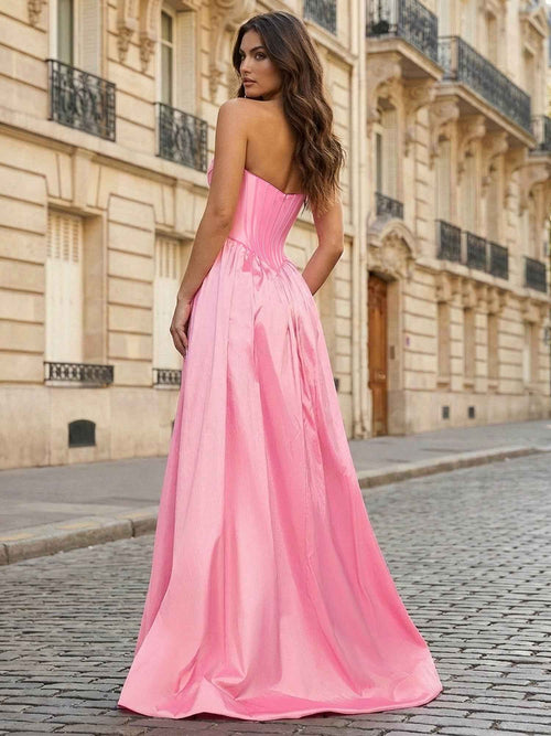 Pink Satin Strapless Long Corset Prom Dress with Slit BMBRIDE
