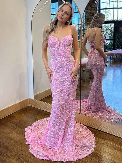 Pink Mermaid Spaghetti Straps Lace Up Long Prom Dress with Appliques BMBRIDE