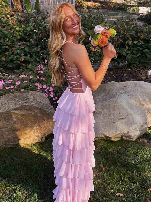 Pink Spaghetti Straps Ruffles Chiffon Long Prom Dress with Slit BMBRIDE