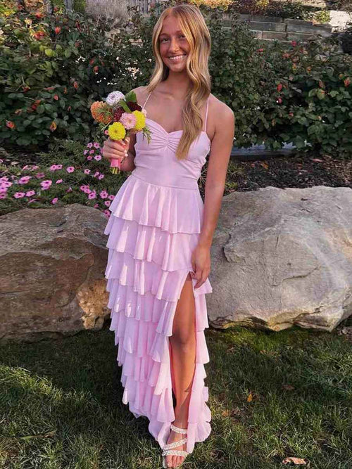 Pink Spaghetti Straps Ruffles Chiffon Long Prom Dress with Slit BMBRIDE