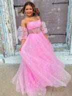Pink Star Tulle Strapless Puff Sleeves Corset Prom Dress