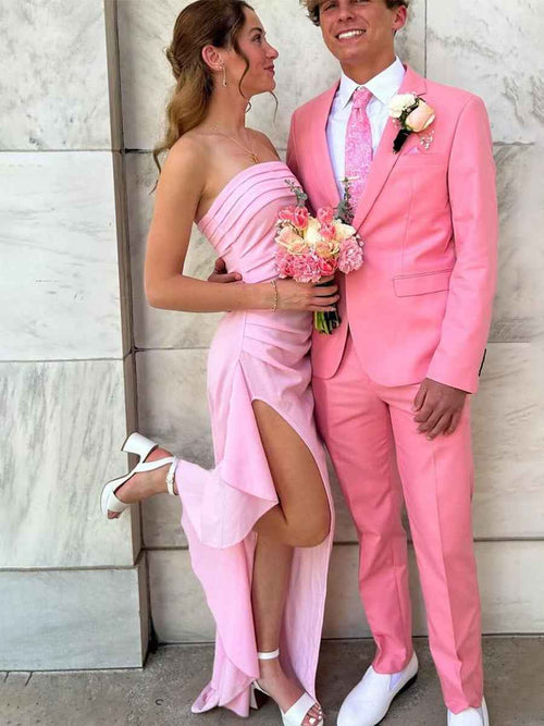 Pink Strapless Pleated Satin Long Prom Party Dress with Slit BMBRIDE