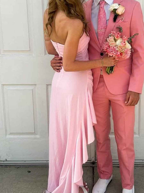 Pink Strapless Pleated Satin Long Prom Party Dress with Slit BMBRIDE