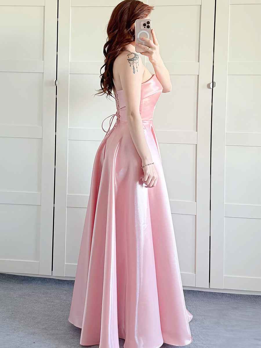 Pink Strapless Satin A-Line Prom Dress with Fold-Over Neckline