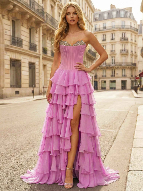 Pink Strapless Tiered Ruffle Prom Dress with Crystal Embellishments BMBRIDE