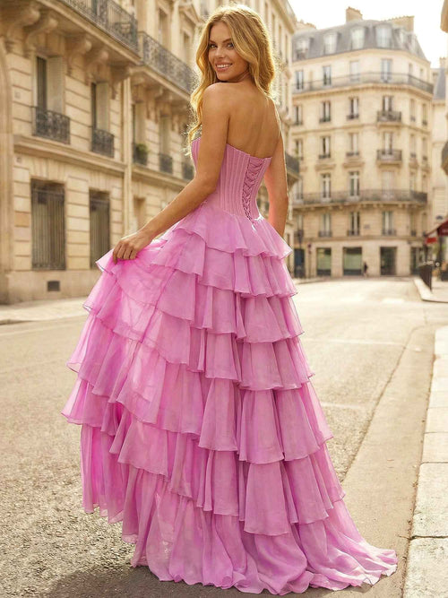 Pink Strapless Tiered Ruffle Prom Dress with Crystal Embellishments BMBRIDE