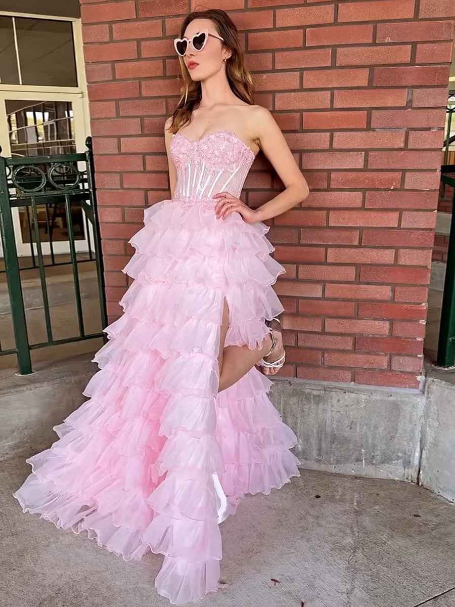 Pink Strapless Tiered Ruffles Lace Appliqu¡§|s Corset Prom Dress with Slit