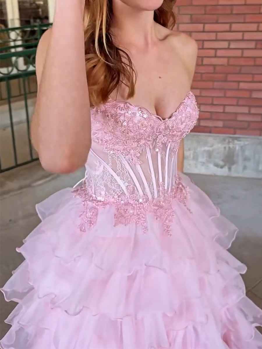 Pink Strapless Tiered Ruffles Lace Appliqu¡§|s Corset Prom Dress with Slit