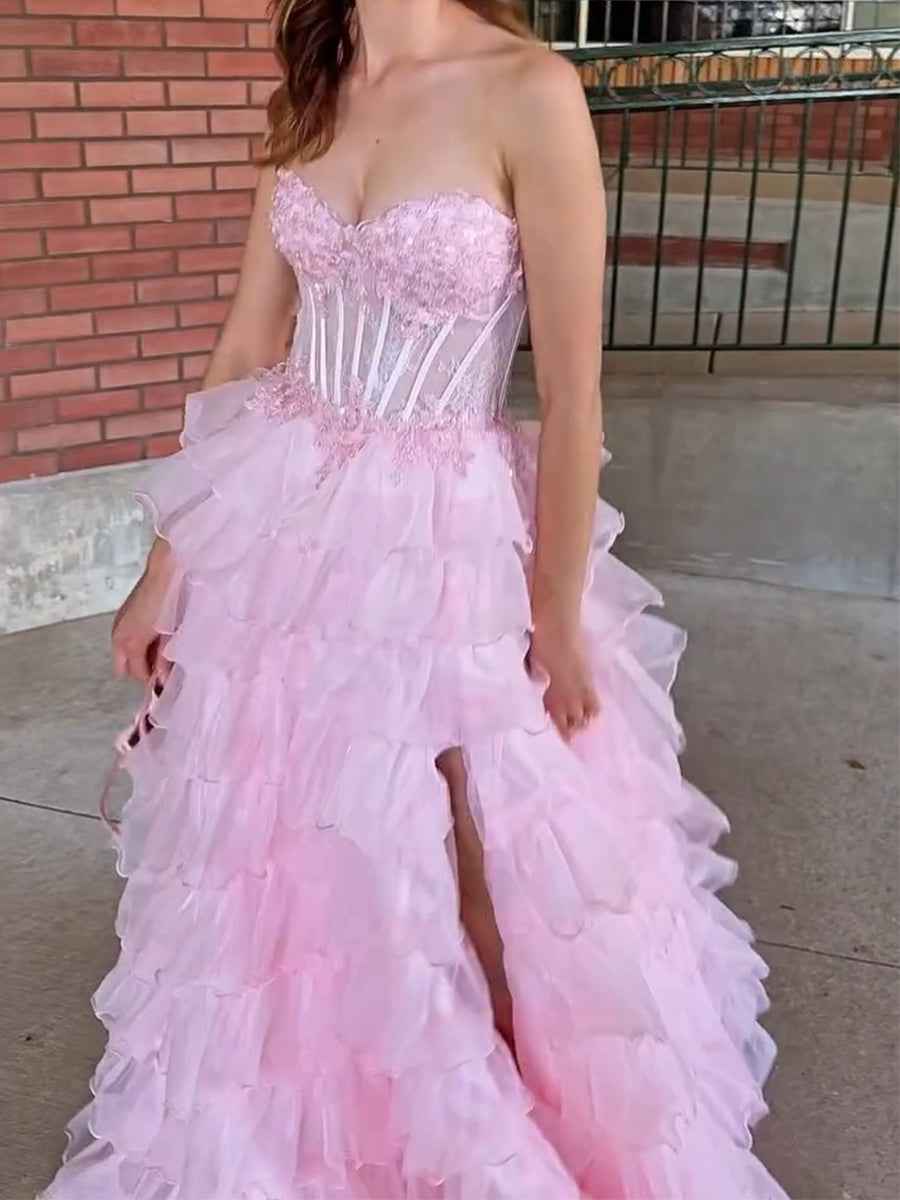 Pink Strapless Tiered Ruffles Lace Appliqu¡§|s Corset Prom Dress with Slit