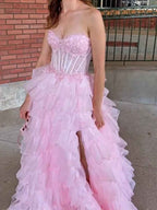 Pink Strapless Tiered Ruffles Lace Appliqu¡§|s Corset Prom Dress with Slit