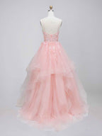Pink Tiered Tulle Prom Dress with Floral Embroidered Sheer Corset