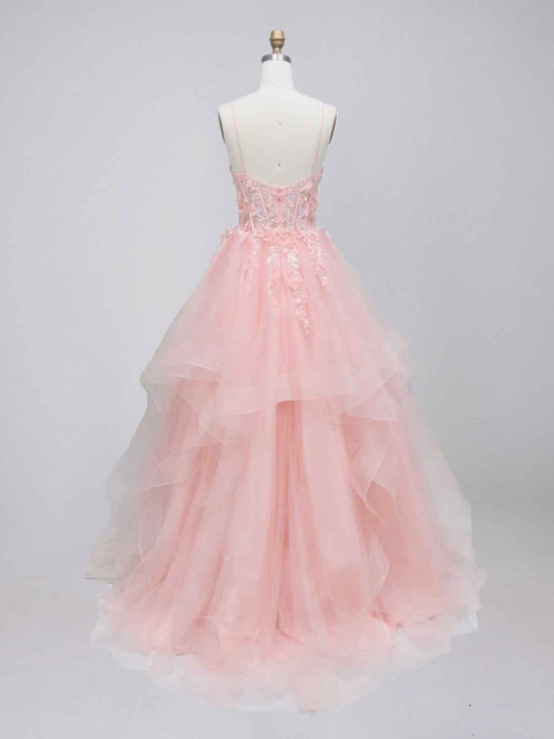 Pink Tiered Tulle Prom Dress with Floral Embroidered Sheer Corset