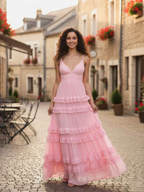 Pink Tiered V-Neck Chiffon Bridesmaid Dress with Ruffle BMBRIDE