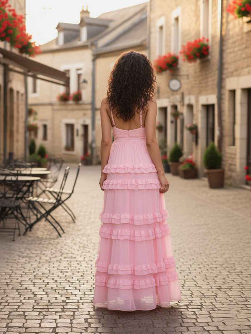 Pink Tiered V-Neck Chiffon Bridesmaid Dress with Ruffle BMBRIDE