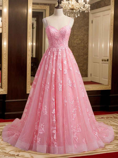 Pink A-Line Spaghetti Strap Tulle Prom Dress with Appliques BMBRIDE