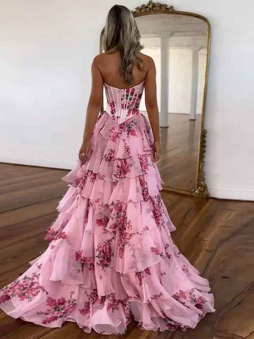 Pink A-Line Strapless Sweetheart Print Tiered Tulle Long Prom Dress with Slit BMBRIDE