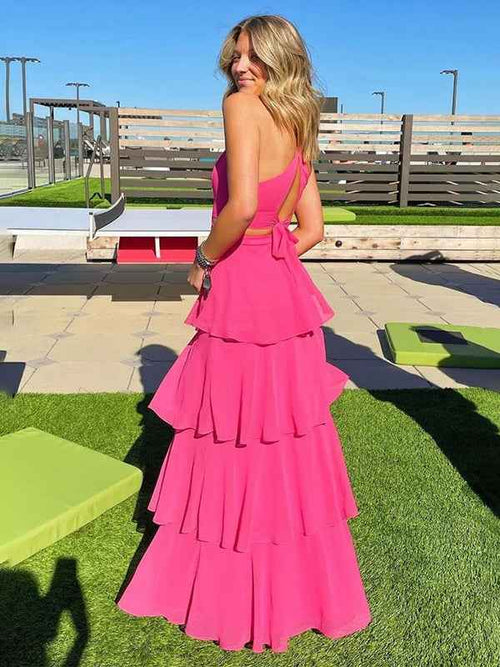 Pink A Line V Neck Halter Chiffon Tiered Long Prom Dress BMBRIDE