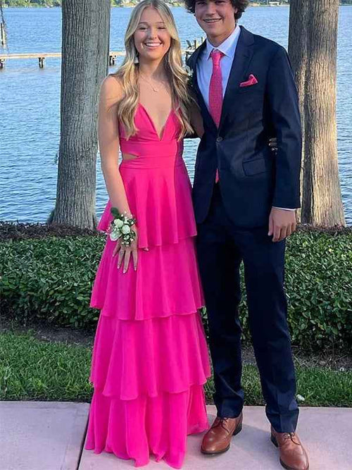 Pink A Line V Neck Halter Chiffon Tiered Long Prom Dress BMBRIDE