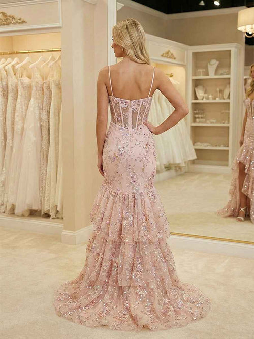 Pink Floral Embroidered Ruffled Tiered Corset Prom Dress with Slit BMBRIDE