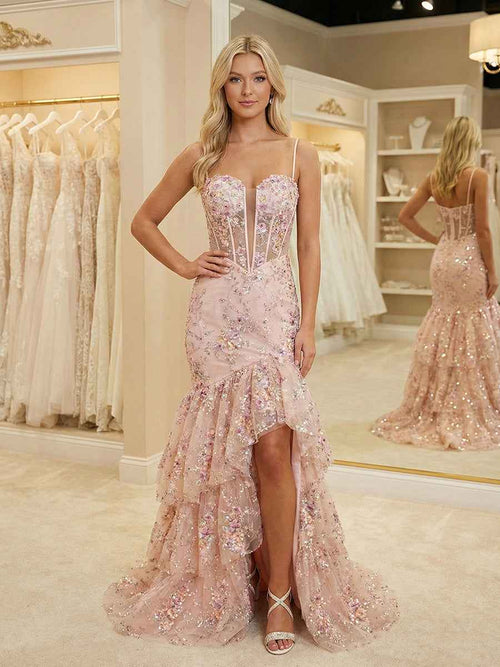 Pink Floral Embroidered Ruffled Tiered Corset Prom Dress with Slit BMBRIDE