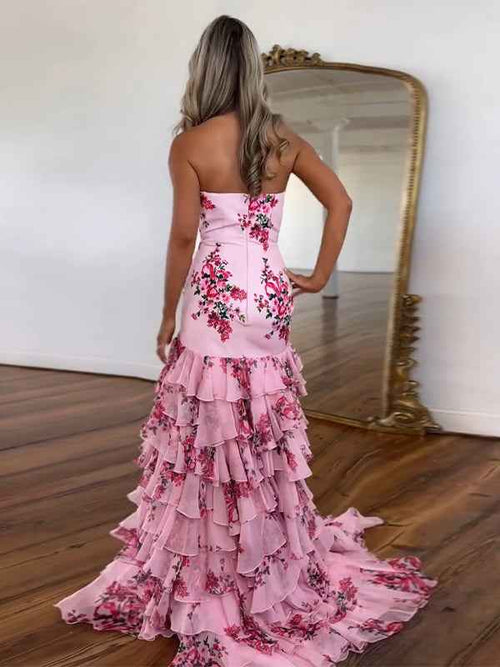 Pink Mermaid Flower Strapless Corset Tiered Tulle Long Prom Dress BMBRIDE