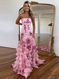 Pink Mermaid Flower Strapless Corset Tiered Tulle Long Prom Dress