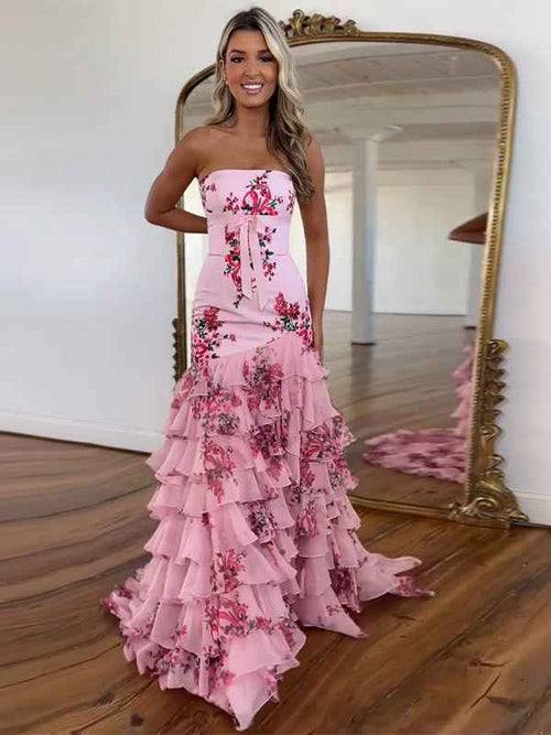 Pink Mermaid Flower Strapless Corset Tiered Tulle Long Prom Dress BMBRIDE